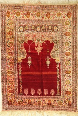 Anatolischer Gebetsteppich, alt, Türkei, um1930, Wolle auf Wolle, ca. 191 x 141 cm, EHZ: 4 ausgelaufenes rot