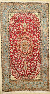 Esfahan fein, Persien, ca. 60 Jahre, Korkwolle auf Seide, ca. 272 x 147 cm, fachkundig neue Fransen, EHZ: 2