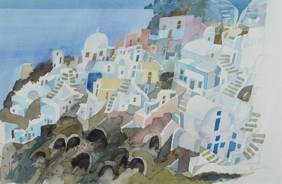 Eduard Bargheer, 1901-1979 Hamburg, Ansicht einer griechischen Stadt, Aquarell auf Papier, rechts unten signiert und dat. 72,ca. 34x52cm, u.Gl., R. ...