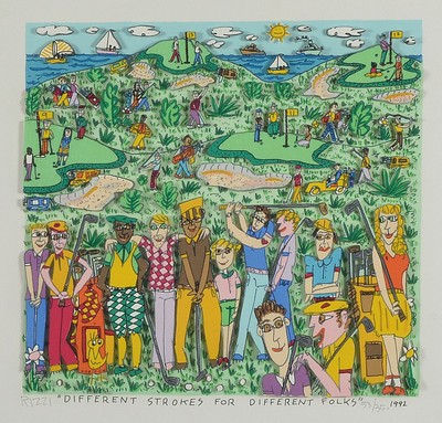 James Rizzi, 1950-2011, Different strokes for different folks, dreidimensionale Farblitho von 1992, handsign. und num. 53/350,ca. 22x22cm, u.Gl., R. ...