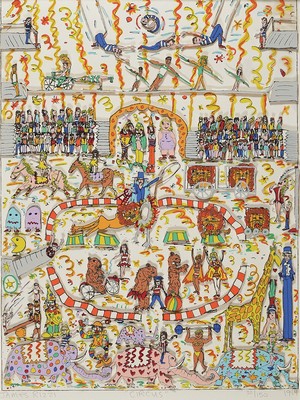 James Rizzi, 1950-2011, Circus, dreidimensionale Farblithographie von 1984, handsign., betitelt und num. 32/150, ca. 39x29cm, PP, u.Gl., R. ca. ...