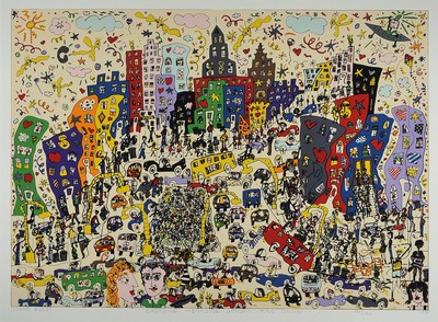James Rizzi, 1950-2011, Eastside, Westside Uptown and down, Farblithographie von 1978, handsigniert, betitelt, datiert und num. 124/150, farbfrisch, ...