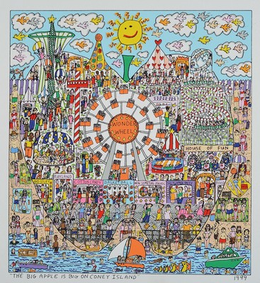James Rizzi, 1950-2011, The big apple is big on Coney Island, Farblithographie auf Leinwand von 1999, ca. 28x25.5cm