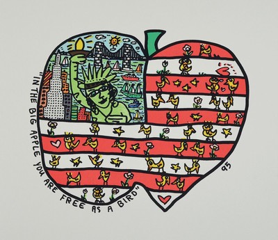 James Rizzi, 1950-2011, In the big apple you are free as a bird, Farblithographie von 1995, Blattgr. ca. 25.5x28cm