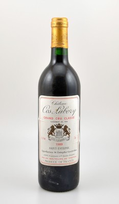 1 Flasche 1989 Chateau Cos Labory, Saint-Estephe, Grand Cru Classe, ca. 75 cl, 12,5 % Vol., Füllstand: ca. into neck, Etikett l. beschmutzt, ...