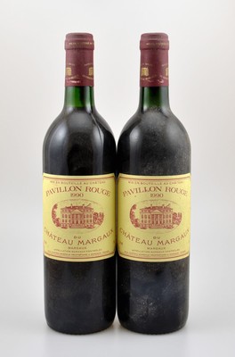 2 Flaschen 1990 Pavillon Rouge du Chateau Margaux, Margaux, 2. Wein von Chateau Margaux, je ca, 75 cl, 12,5 % Vol., Füllstände: je top shoulder, ...