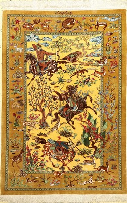 Sehr feiner Seiden Ghom "Dakhili" (The Hunting) "Signiert", Persien, ca. 15 Jahre alt, reine Naturseide, ca. 157 x 103 cm, EHZ: ...
