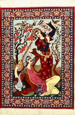 Eafahan fein (Bildteppich), Persien, ca. 15Jahre, Korkwolle mit und auf Seide, ca. 96 x 70 cm, Hafiz Motiv, EHZ: 1-2 (fachkundig gereinigt).
