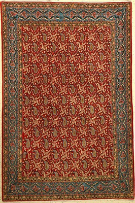 Ghom Kork fein alt, Persien, ca. 50 Jahre, Korkwolle, ca. 205 x 136 cm, EHZ: 2 (fachkundig gereinigt). Seltene Bordüre