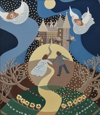 Anne Rousseau, geb. 1952 St. Denis, bekannte französische Malerin und Grafikerin, hier: Le Reve-Der Traum, Öl/Holz, signiert und dat. 1979, ca. ...