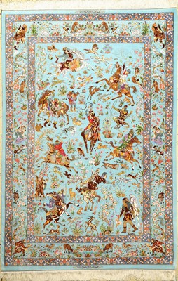 Einzigartiger sehr feiner Seiden Ghom "Majid Hossein Sadeghzadeh" (The Hunting) "Doppel Signatur", Persien, ca. 15 Jahre alt, ...