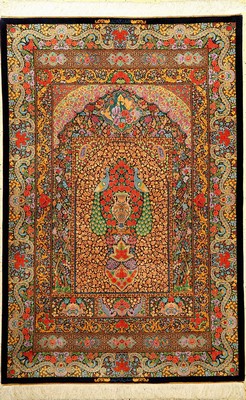 Einzigartiger sehr feiner Seiden Ghom "Mohammad Taghi Ahmadi" (Pfauen Mille-Fleur Design) "Doppel Signatur", Persien, ca. 15 ...