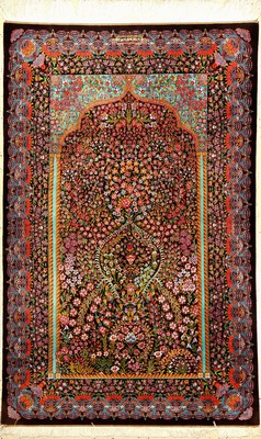 Sehr feiner Seiden Ghom "Ebrahimi" (Signiert) "Mille-Fleur Säulen-Paradies Muster", Persien, ca. 15 Jahre alt, reine ...