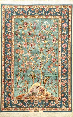 Seltener Esfahan "Pahlevan" fein (Seidengrund) "Signiert" (Lebensbaum), Persien, ca. 15 Jahre alt, Seide mit Korkwolle auf ...