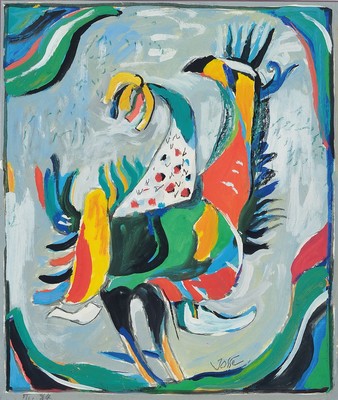 Friedrich Jossé, 1897 Wolfstein-1994 Speyer,Hahn, Gouache auf Papier, rechts unten signiert, dar. 84, ca. 40x33cm, PP, u.Gl., ca. 58x53.5cm, R.