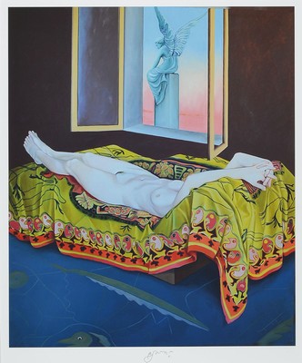 Bruno Bruni, geb. 1935 Gradara, liegender weiblicher Akt auf Diwan, Druck, handsign., ca. 45x50cm, PP, u.Gl., R. ca. 66x56cm