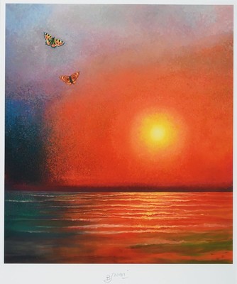 Bruno Bruni, geb. 1935 Gradara, Schmetterlinge vor Sonnenuntergang, Druck, handsigniert, ca. 45x40cm, PP, u.Gl., R. ca. 65x55cm