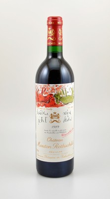 1 Flasche 1989 Chateau Mouton Rothschild, Pauillac, ca. 75 cl, 12,5 % Vol., Füllstand: into neck, sehr guter Erhaltungszustand, unverkostet, ...