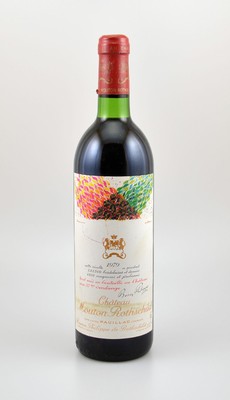 1 Flasche 1979 Chateau Mouton Rothschild, Pauillac, Premier Grand Cru Classe, ca. 75 cl, Etikett beschmutzt, unverkostet, Künstleretikett: Hisao ...