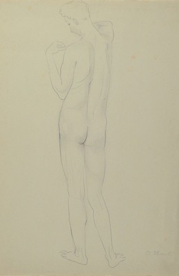 Gerhard Marcks, 1889 Berlin - 1981 Burgbrohl, Bleistiftzeichnung, Rückenakt eines Mannes,signiert, Papier l. fleckig bzw. min. Altersspuren, ca. 38 ...