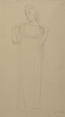 Gerhard Marcks, 1889 Berlin - 1981 Burgbrohl, Bleistiftzeichnung, stehende Frau mit Toga, re. u. signiert, ca. 44 x 25 cm, PP., unter Glas, Rahmen ...