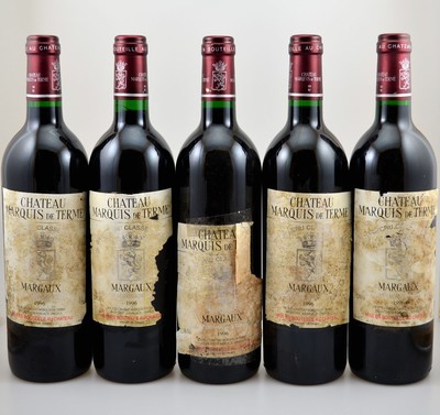 5 Flaschen 1996 Chateau Marquis de Terme, Margaux, Grand Cru Classe, je ca. 75 cl, 12,5 % Vol., Füllstände: je into neck, Etiketten stärker ...