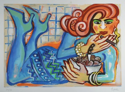 Elvira Bach, zeitgen. Berliner Künstlerin, Azurblau, dreidimensionale Konstruktion, handsigniert, num. 24/30, ca. 54x76cm/61x82cm, Edition Galerie F