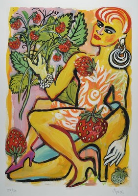 Elvira Bach, zeitgen. Berliner Künstlerin, Im Erdbeerhain, dreidimensionale Konstruktion,handsigniert, num. 29/30, ca. 78x55cm/85x61cm, Edition ...