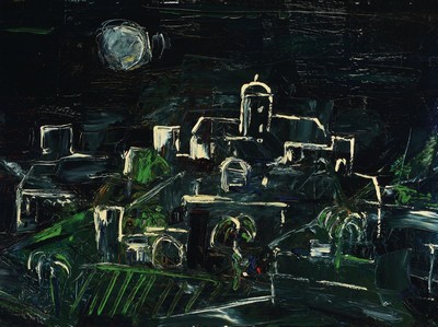Zuschreibung: Franz Xaver Fuhr, 1898 Mannheim-1973 Regensburg, Blick auf eine Stadt, Öl/ Malkarton, unsigniert, ca. 60x80cm, R.