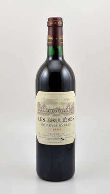 1 Flasche 1995 Les Brulieres de Beychevelle,Haut-Medoc, ca. 75 cl, 12 % Vol., Füllstand: ca. into neck, Etikett min. besch., unverkostet, ...