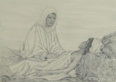 Hans Thoma, 1839-1924, Afrikanische Frau einen jungen Mann pflegend, Bleistiftzeichnung auf Papier, links unten monogrammiert, ca. 24x34cm, u.Gl., R. ...
