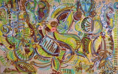 Leon Löwentraut, geb. 1998 Kaiserslautern, Carribean Flair, 12- Farben Pigmentdruck auf Lwd, auf Keilrahmen, von Hand übermalt, was der Arbeit ...