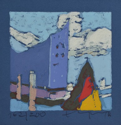 Klaus Fussmann, geb. 1938, Elbphilharmonie, Farblinolschnitt, sign.,num. 162/200, ca. 19x18 cm