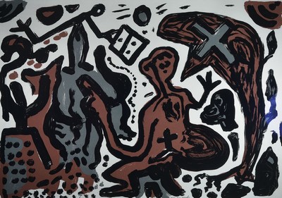 A.R. Penck, geb. 1939 Dresden-2017 Zürich, Titel: Deutschland Hoffnung, Farbserigrafie, sign., num. 14/55, unter Glas gerahmt, gesamt ca. 105x139 cm
