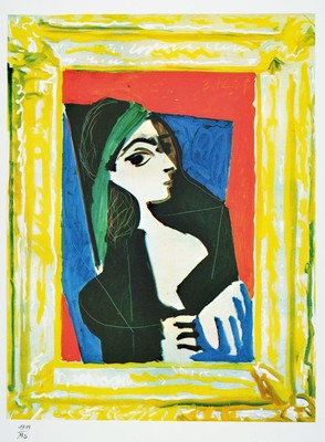 Pablo Picasso, 1881-1973, Dame vor dem Spiegel, Kunstdruck auf Bütten nach einem Gemälde, Prägestempel, limit. Auflage 1500 Exempl., hier Nr. 1319 ...