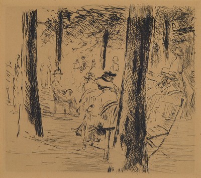 Max Liebermann, 1847-1935, Im Garten, Radierung von 1910, Papier leicht gebräunt, ca. 16x18cm, PP, u.Gl., R. ca. 29x32cm, WVZ Schiefler Nr. 107