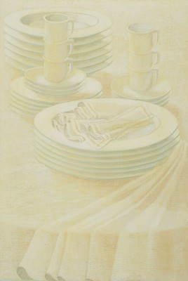 Lutz Raffel, geb. 1943 Ostpreußen, Öl/Lwd, Stillleben "Geschirr" in weiß, Mitte unten signiert und datiert 1989, ca. 58x40 / 78x61, ...
