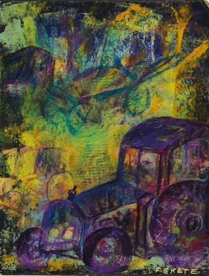 Esteban Fekete, 1924-2009, Öl auf Papier aufMalkarton aufgezogen, Traktor, rechts unten signiert, rechte obere Ecke best., ca. 40x30 cm