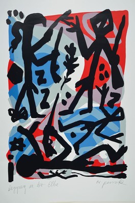 A.R. Penck, 1939-2017, Farbserigraphie, "Begegnung an der Elbe", signiert und betitelt ca. 84x59 cm
