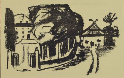 Max Pechstein, 1881-1955, Gutshof im Park, Lithographie, ca. 16x26cm, Auflage 130 Ex. zu: Samländische Ode, 1917, WV Krüger L 240, PP, u.Gl., R. ...