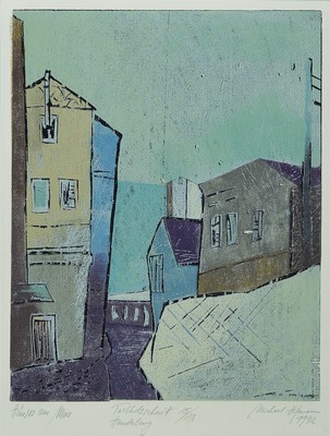 Michael Hofmann, geb. 1944 Farbholzschnitt,Titel:Häuser am Meer , dat. 1992, num. 15/18, unter Glas gerahmt, gesamt ca.