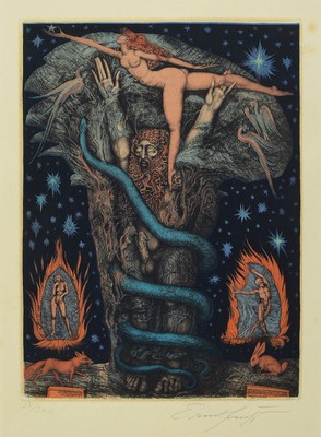 Ernst Fuchs, 1930 Wien-2015, Farbradierung, handsigniert und num. 27/300, ca. 40x29cm, PP, u.Gl., R. ca. 70x55cm