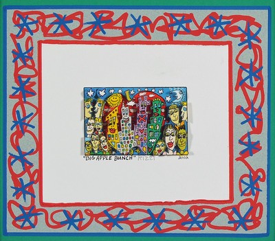 James Rizzi, 1950-2011, 3D Konstruktion, Titel: Big Apple Bunch, sign., dat. 2002, Unikat, unter Glas gerahmt Motiv ca. 5x7,5 cm, gesamt ca. 39x42 cm