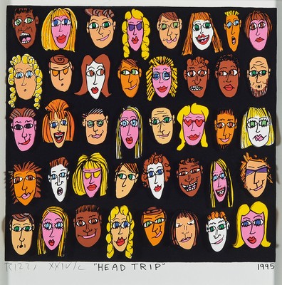 James Rizzi, 1950-2011, 3D Konstruktion , Titel: Head Trip, sign., römisch num. , dat. 1995, unter Glas gerahmt, ca. 49,5x48 cm