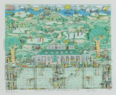 James Rizzi, 1950-2011, 3D- Konstruktion, Titel: Lets all meet at Daddy´s Club, handsign., num. xlv/c, unter Glas gerahmt, Motiv ca. 20x25 cm, ...