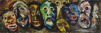 Unbekannter Künstler, datiert 1969, Sieben alemannische Fasnacht-Masken, Öl/Lwd, rechts unten unleserlich signiert, rückseitig handschriftliche ...