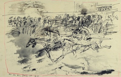 Horst Janssen, 1929-1995, Für Alle zum Derby, von 1949, Tuschezeichnung mit Darstellung eines Pferderennens, monogrammiert und dat. 1949, ...