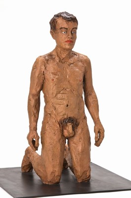 Stephan Balkenhol, geb. 1957, handbemalte Bronzeskulptur auf Kupferplatte, sitzender Männerakt, auf der Unterseite signiert, datiert 2012 und num. ...