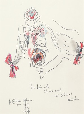 Horst Janssen, 1929 - 1995, Selbstporträt, zornig als Mädchen, bezeichnet: "Die bin ich ich war einst? ein süsses Mädchen", gewidmet ...