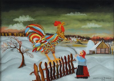 Matina Milica Zivkovic, geb. 1954 Hlebine/ Kroatien, Hahn am Zaun, Hinterglasmalerei, signiert, dat. 1974, ca. 50x70cm, R.